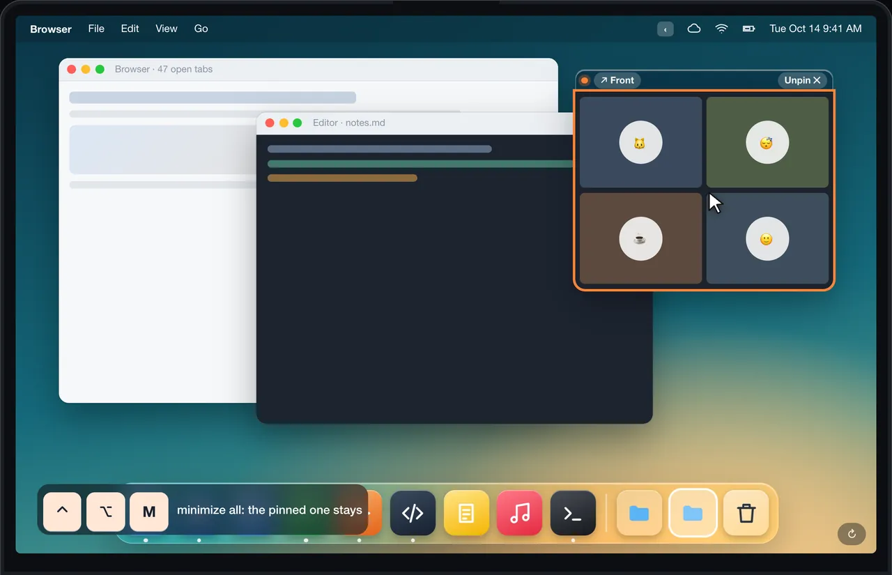 ⌃⌥P pins any window above the others.