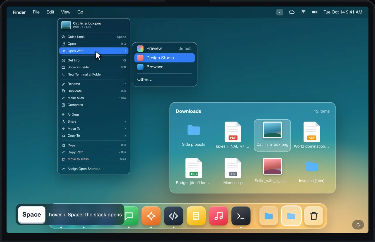 A right-click menu inside a Dock stack.