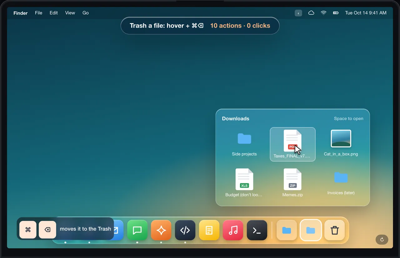 Hover a file, ⌘⌫ to trash it, ⌘Z to bring it back.